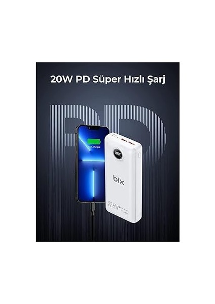 PB201 Üç Portlu 20000MAH 22.5W Süper Hızlı Şarj 4.0 Pd Giriş/çıkışlı LED Göstergeli Powerbank Beyaz fırsatları