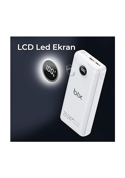 PB201 Üç Portlu 20000MAH 22.5W Süper Hızlı Şarj 4.0 Pd Giriş/çıkışlı LED Göstergeli Powerbank Beyaz indirimleri