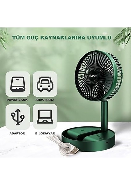 Taşınabilir Fan Katlanır Teleskopik USB Fanı Ev Ofis Masaüstü Sessiz Fan (Yeşil, Orta) fiyatları