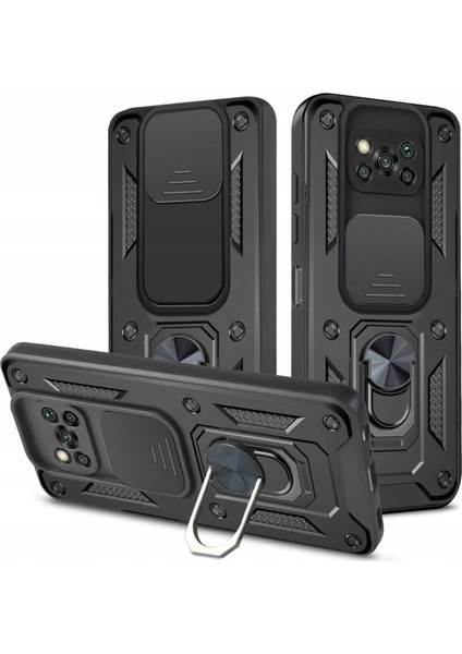 Poco X3 Pro Uyumlu Tank Kılıf Yüzüklü Standlı Extra Darbe Koruma Zırhlı Outdoor Kapak - Siyah