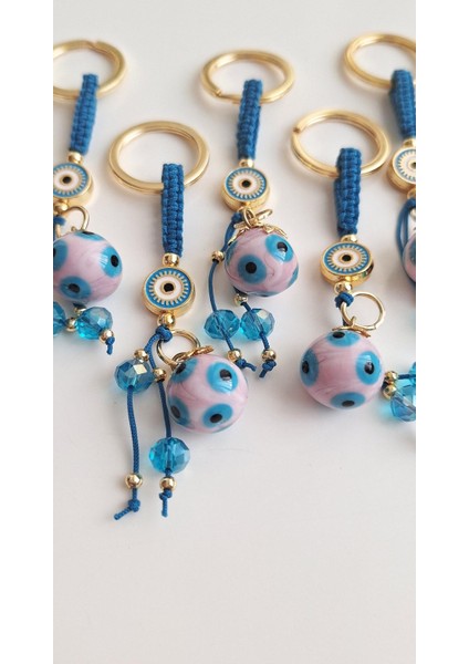 Lüks Hediyelik Orjinal Cam Nazar Boncuklu Pembe Anahtarlık