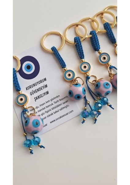 Lüks Hediyelik Orjinal Cam Nazar Boncuklu Pembe Anahtarlık