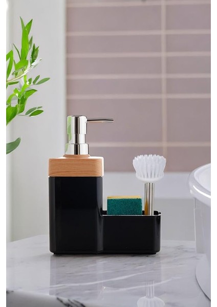 Bambu Desen Kapaklı Hazneli Sıvı Sabunluk Tezgah Üstü Mutfak Banyo Deterjanlık Fırça Sünger Dahil Değildir (Siyah)