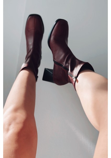 Relino Kadın Topuklu Steç Bot Bordo Mat Deri