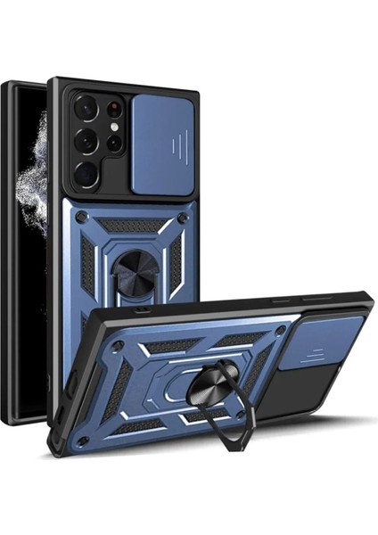 Samsung Galaxy S24 Ultra Uyumlu Tank Kılıf Yüzüklü Standlı Extra Darbe Koruma Zırhlı Outdoor Kapak - Lacivert