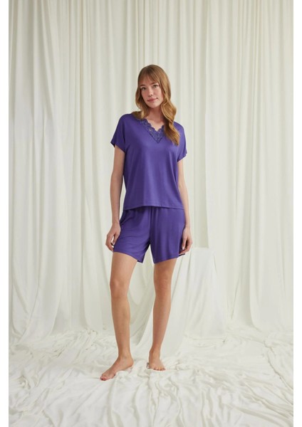 Monamise Kısa Kollu Dantelli V Yaka Şort Takımı modelleri