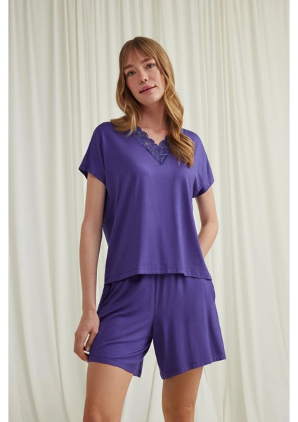 Monamise Kısa Kollu Dantelli V Yaka Şort Takımı fırsatları