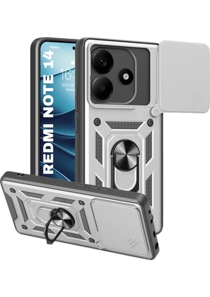Redmi Note 14 4g Uyumlu Tank Kılıf Yüzüklü Standlı Extra Darbe Koruma Zırhlı Outdoor Kapak - Gri