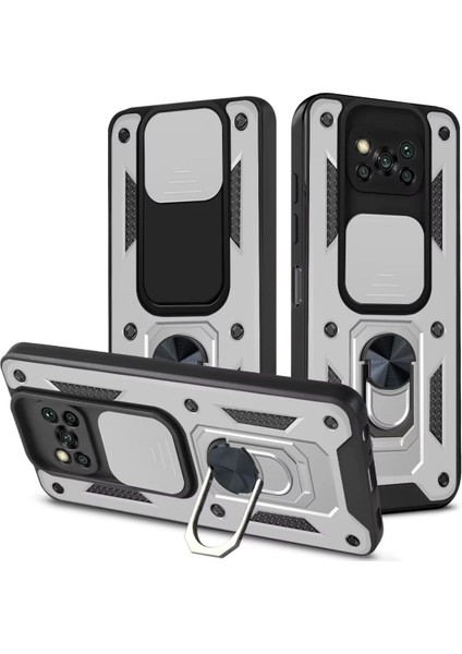 Poco X3 Pro Uyumlu Tank Kılıf Yüzüklü Standlı Extra Darbe Koruma Zırhlı Outdoor Kapak - Gri