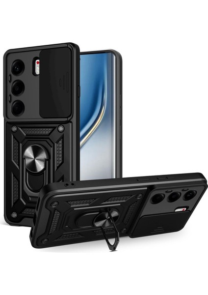 Tecno Camon 40 4g Uyumlu Tank Kılıf Yüzüklü Standlı Extra Darbe Koruma Zırhlı Outdoor Kapak - Siyah