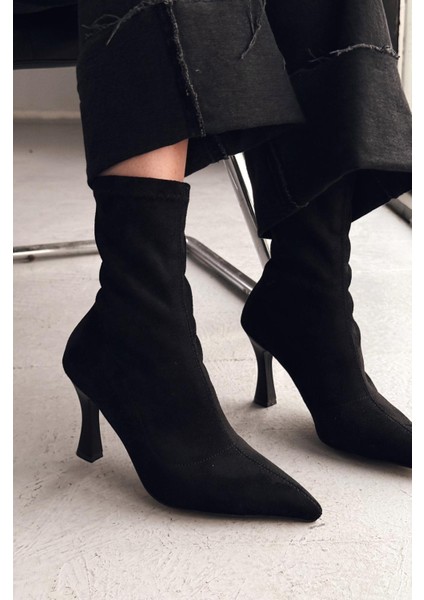 Jedaws Süet Ince Topuklu Çorap Bot Siyah