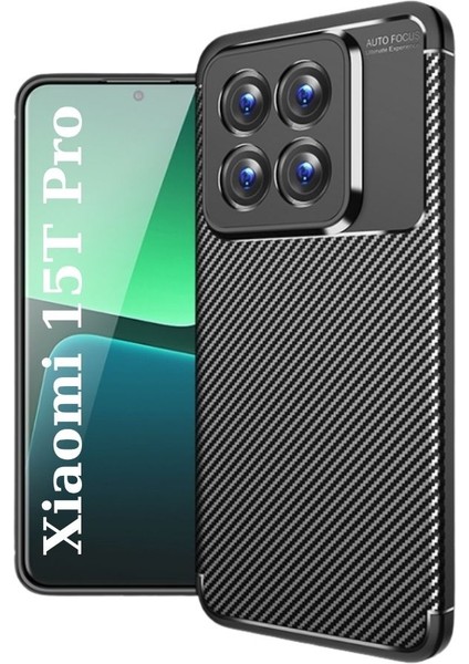 Xiaomi 15T Pro Uyumlu Silikon Kılıf Karbon Desenli Darbe Emici Autofocus Tam Koruma Kapak - Siyah