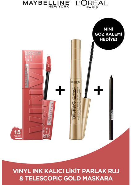 Super Stay Vinyl Ink Uzun Süre Kalıcı Likit Parlak Ruj 15 Peachy + L'oréal Paris Telescopic Maskara - Siyah + Mny Tat. Liner Gel Pencil Mini