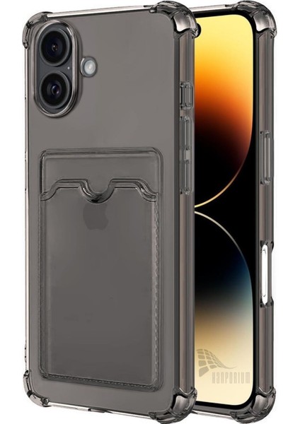 Apple iPhone 17 Uyumlu Kartlıklı Kılıf Darbe Emici Köşe Korumalı Cüzdanlı Esnek Silikon Kapak - Füme