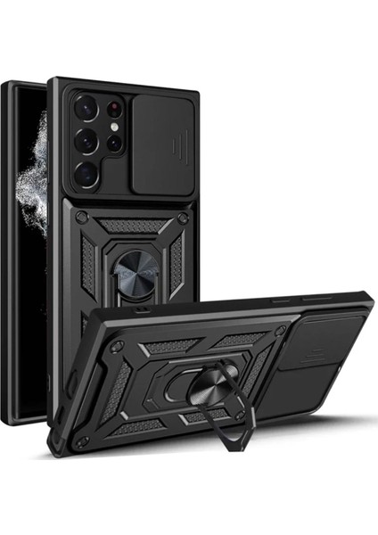 Samsung Galaxy S22 Ultra Uyumlu Tank Kılıf Yüzüklü Standlı Extra Darbe Koruma Zırhlı Outdoor Kapak - Siyah