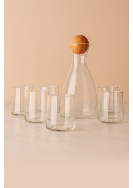 Modern Tasarım 7 Parça Cam Meşrubat Seti – Ahşap Top Kapaklı Sürahi + 6 Bardak