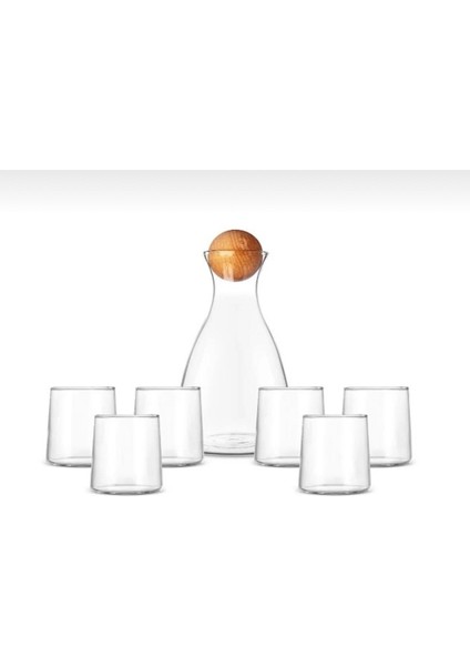 Modern Tasarım 7 Parça Cam Meşrubat Seti – Ahşap Top Kapaklı Sürahi + 6 Bardak fiyatları