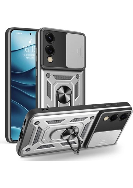 Samsung Galaxy S25 Edge Uyumlu Tank Kılıf Yüzüklü Standlı Extra Darbe Koruma Zırhlı Outdoor Kapak - Gri