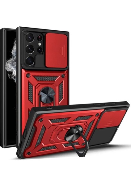 Samsung Galaxy S22 Ultra Uyumlu Tank Kılıf Yüzüklü Standlı Extra Darbe Koruma Zırhlı Outdoor Kapak - Kırmızı