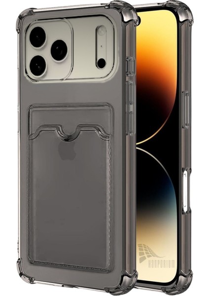 Apple iPhone 17 Pro Uyumlu Kartlıklı Kılıf Darbe Emici Köşe Korumalı Cüzdanlı Esnek Silikon Kapak - Füme