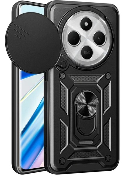 Redmi 14C Uyumlu Tank Kılıf Yüzüklü Standlı Extra Darbe Koruma Zırhlı Outdoor Kapak - Siyah