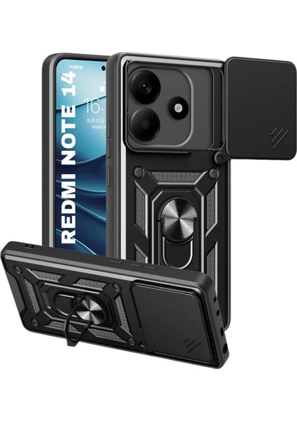 Redmi Note 14 4g Uyumlu Tank Kılıf Yüzüklü Standlı Extra Darbe Koruma Zırhlı Outdoor Kapak - Siyah