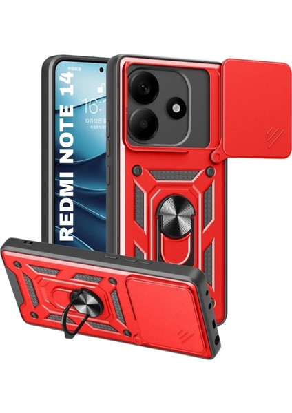 Redmi Note 14 4g Uyumlu Tank Kılıf Yüzüklü Standlı Extra Darbe Koruma Zırhlı Outdoor Kapak - Kırmızı