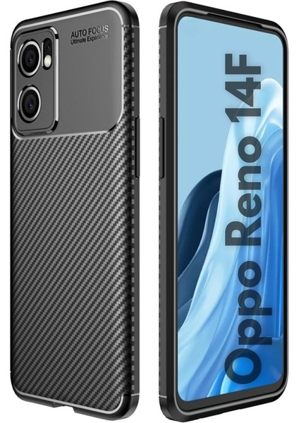 Oppo Reno 14 Uyumlu Silikon Kılıf Karbon Desenli Darbe Emici Autofocus Tam Koruma Kapak - Siyah