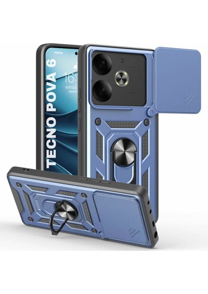 Tecno Pova 6 Uyumlu Tank Kılıf Yüzüklü Standlı Extra Darbe Koruma Zırhlı Outdoor Kapak - Lacivert