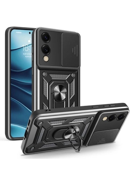 Samsung Galaxy S25 Edge Uyumlu Tank Kılıf Yüzüklü Standlı Extra Darbe Koruma Zırhlı Outdoor Kapak - Siyah