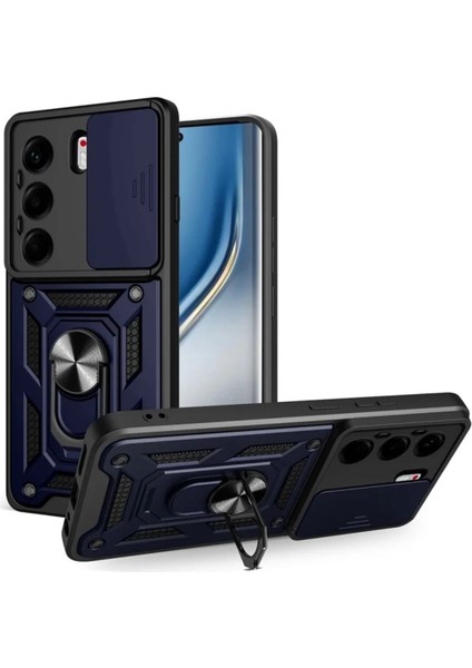 Tecno Camon 40 4g Uyumlu Tank Kılıf Yüzüklü Standlı Extra Darbe Koruma Zırhlı Outdoor Kapak - Lacivert