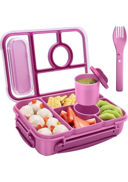 Lunch Box For Kids,bento Box Çocuk Beslenme Kutusu,yetişkin Öğle Yemeği KUTUSU,1300ML-5 Bölmeli Sosluklu ve Çatal Bıçaklı Öğle Yemeği Kapları,mikrodalga Bulaşık Makinesi (Mor)
