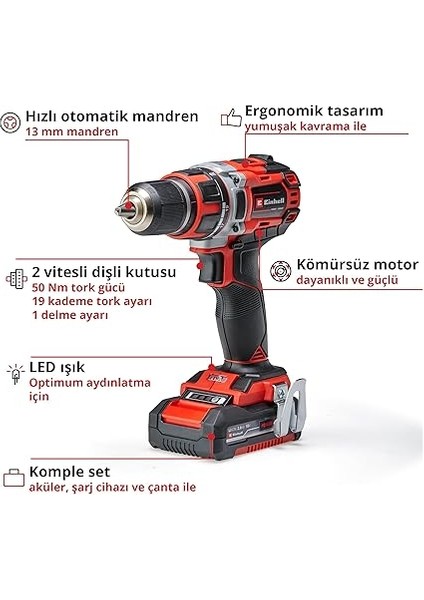 Profesyonel Akülü Vidalama Tp-Cd 18/50 Li Bl Kit Power X-Change (18 V, Kömürsüz, 50 Nm, 2 Vites, 13 mm Mandren, 2x 2,0 Ah Akü + Şarj Cihazı Ile) - 4513896 modelleri