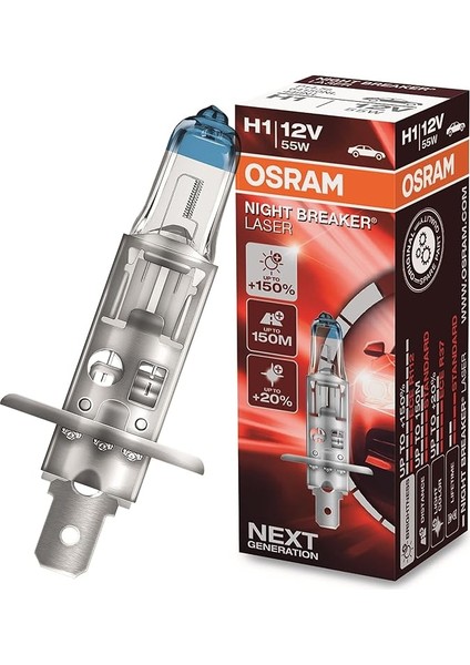 Ampul Night Breaker Laser H1 12V 55W%100'YE Kadar Fazla Işık 150M'YE Kadar Fazla Görüş Açısı,%20'ye Kadar Beyaz Işık 64150NL