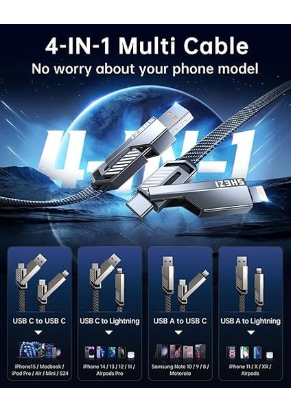 4'ü 1 Arada USB C Kablosu [45W Hızlı Şarj ve Veri Senkronizasyonu] Düz Örgülü USB C - USB C Şarj Kablosu L/tip C/usb A Çoklu Bağlantı Noktaları iPhone iPad MacBook Samsung Için - 1ft (Shezı fırsatları
