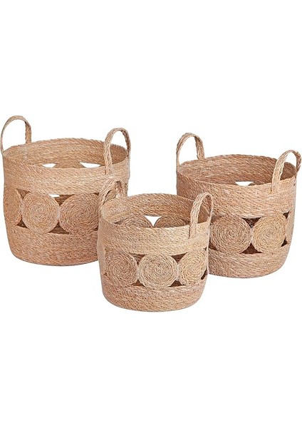 3'lü El Yapımı Doğal Hasır Kulplu Yuvarlak Desenli Saksı Seti, Hasır El Yapımı Suya Karşı Koruma Poşetli Yuvarlak Örgü Saksı 3'lü Set, Rattan Saksı Seti, (33CM*28CM-30CM*25CM-26CM*22CM)
