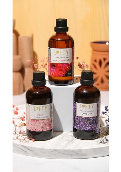 Pudra, Lavanta, Amber Romantik 100 ml Uçucu Buhur Yağı Buhurdanlık Esansı Oda Kokusu Esansiyel Yağ 3x Set