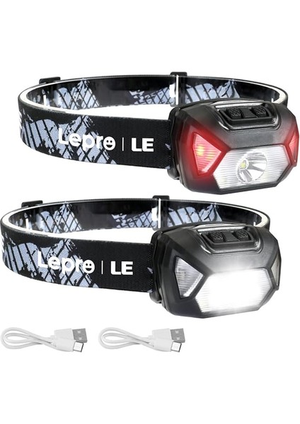 Le Kafa Lambası LED Şarj Edilebilir, 2000 Lux Süper Parlak Kafa Lambası Kırmızı Işık ve 6 Işık Modu, Ipx4 Su Geçirmez Hafif Alın Lambası, Yürüyüş, Kamp, Jogging Için Ideal [usb Kablosu Dahil]