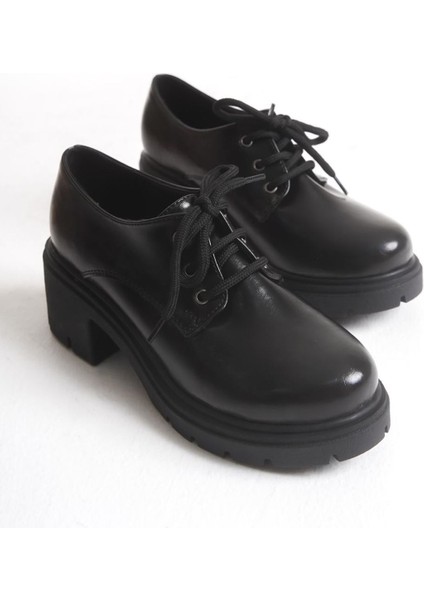 K-707 Siyah Kırışık Rugan Yüksek Tabanlı Bağcıklı Loafer Ayakkabı indirimleri