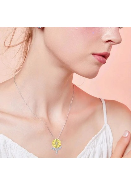 Güneş Çiçeği Büyük Sarı Çiçek ve Açık Renkli Kolye 925 Ayar Gümüş Zincir