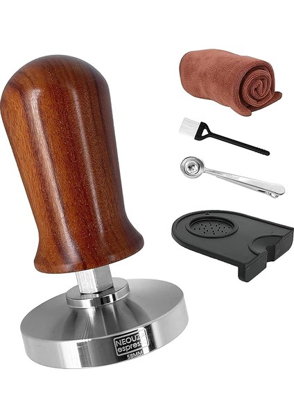 Kalibre Espresso 58MM Kahve Sabotaj Profesyonel Pres Çekiç - E61 Gemilai Nuova Wpm Gaggia La Marzocco 304 Paslanmaz Çelik Düz Taban Yaylı Premium Ahşap Sap ile Uyumlu