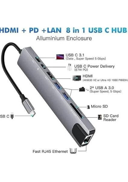 Macbook Pro Uyumlu Huawei Dell ile Uyumlu Type C To 4K HDMI + USB 3.0 + Sd/tf + Pd + Type-C USB Type-C Hub Dönüştürücü 8 In 1 Çoklayıcı - Ethernet - Çevirici USB C Adaptör Leerfei 8 Port modelleri