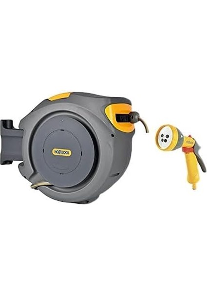 2401-3460H Duvara Monte 20 M Hortumlu Otomatik Geri Sarmalı Hortum Toplama Makara Seti + 2669H Multi Sprey Yuvarlak Başlıklı 5 Ayarlı Hortum Tabancası Hediyeli