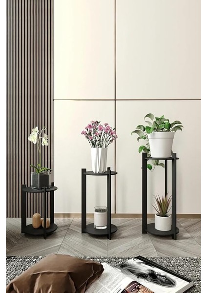 Çiçeklik Saksılık – Yuvarlak Tasarımlı, Safir Siyah Renkli, Farklı Yüksekliklerde Ahşap Bitki Standı, Salon Balkon ve Ofis Kullanımı Için Dekoratif Saksı Sehpası Seti fiyatları