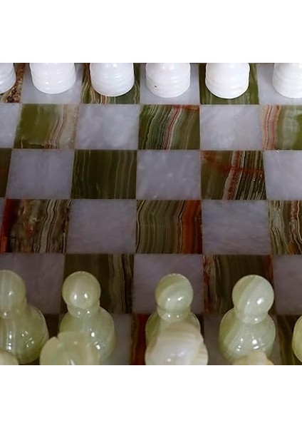 Mermer Satranç Takımı, Yeşil-Beyaz Onyx Satranç Tahtası, Kadife Kutu, 32 Parça El Yapımı Taşlar (39 x 39 Cm. (Büyük Boy)) indirimleri