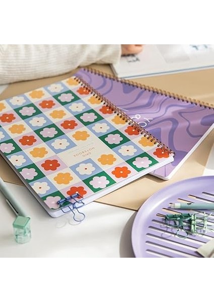 Spiralli Karton Kapak 2’li Set Kareli Okul Defteri 80 Yaprak, Ders Programlı Lila Çiçek indirimleri