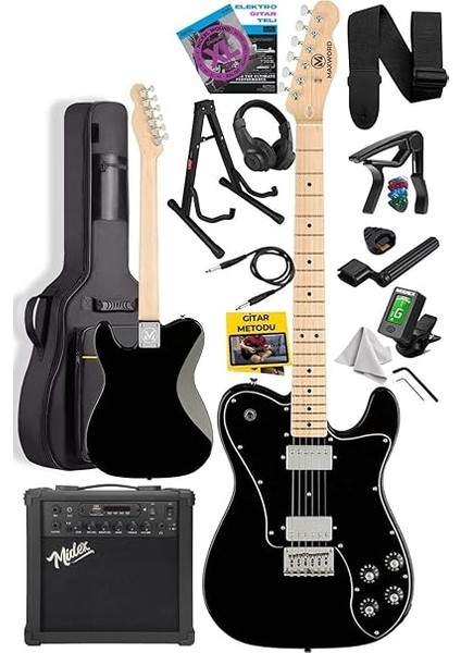 TLX-60BK-25AMP Telecaster Maple Klavye Hh 25W Amfili Elektro Gitar Seti fiyatları