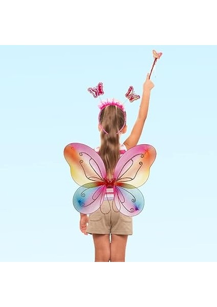 Bebek ve Parti Kelebek Kanat, Asa Taç 3'lü Set - Rainbow modelleri