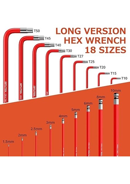 Uzun Alyan Anahtar Seti, 18 Adet Cr-V Metrik Alyan Anahtarı Seti, T Saplı, Top Uçlu Altıgen Anahtar ve Torx Anahtar Seti, Boyut Işaretli ve Bisiklet Tamiri Için Saklama Braketi, Ev Kendin fiyatları