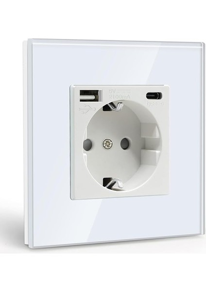 Schuko Priz USB (Maks. 2.1A) ve Tip C Portlu Beyaz Cam Sıva Altı Priz Topraklı Priz Şarj Cihazı Cep Telefonları, Dizüstü Bilgisayarlar Vs. Için